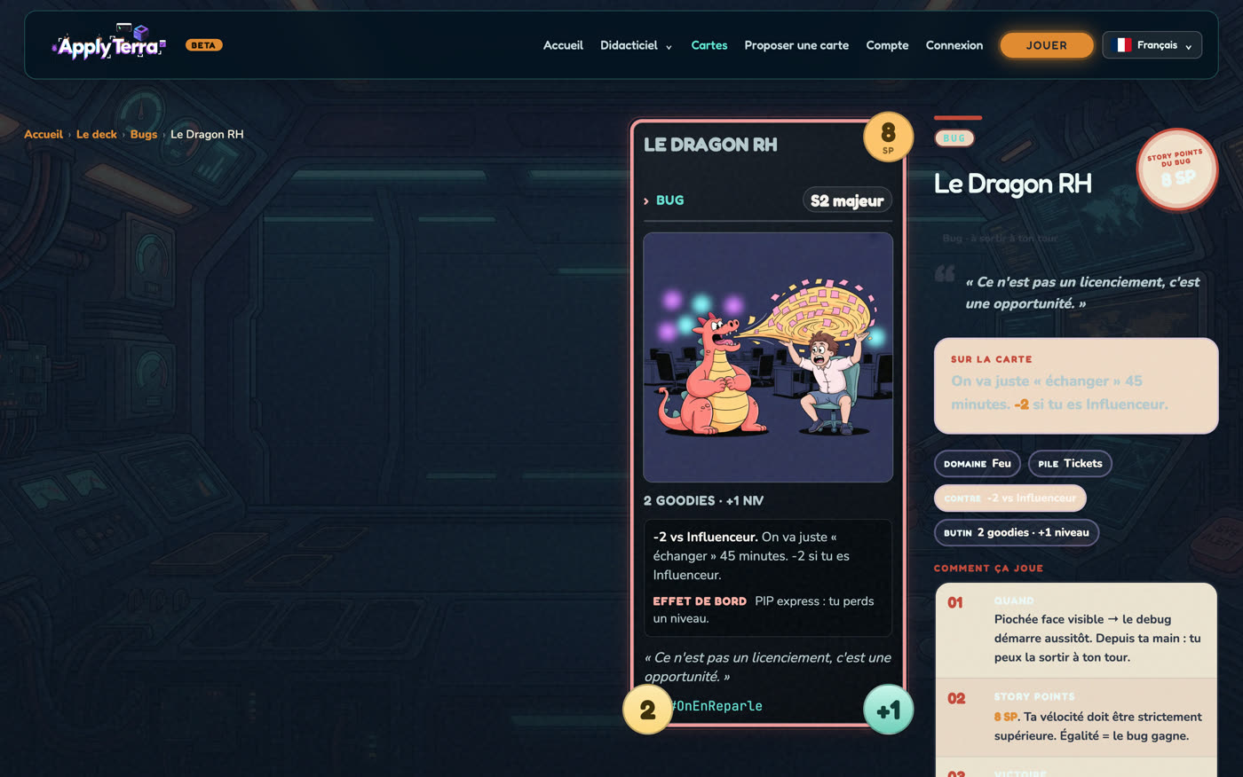 La fiche du Dragon RH : la carte à gauche avec ses 8 story points, et à droite le détail — story points, effet de bord, butin, et comment ça se joue étape par étape.