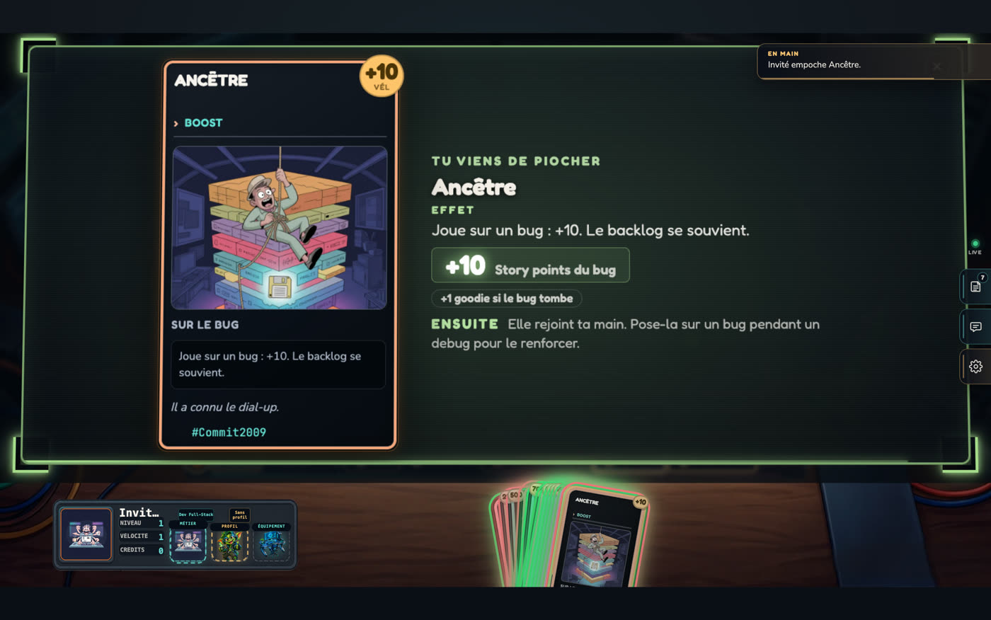 Fiche de pioche d'un goodie : la carte Ancêtre et son effet.